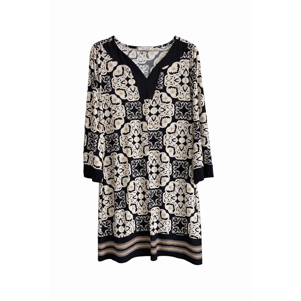 White House Black Market WHBM Black Cream Tunic Dress Large Boho Stretch Mini